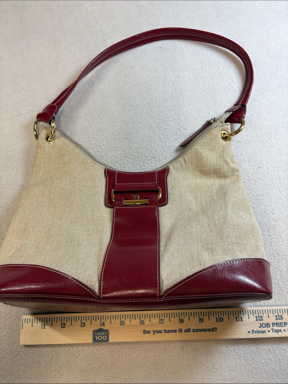 Etienne Aigner Beige Canvas Shoulder Bag with Burgundy Leather Trim